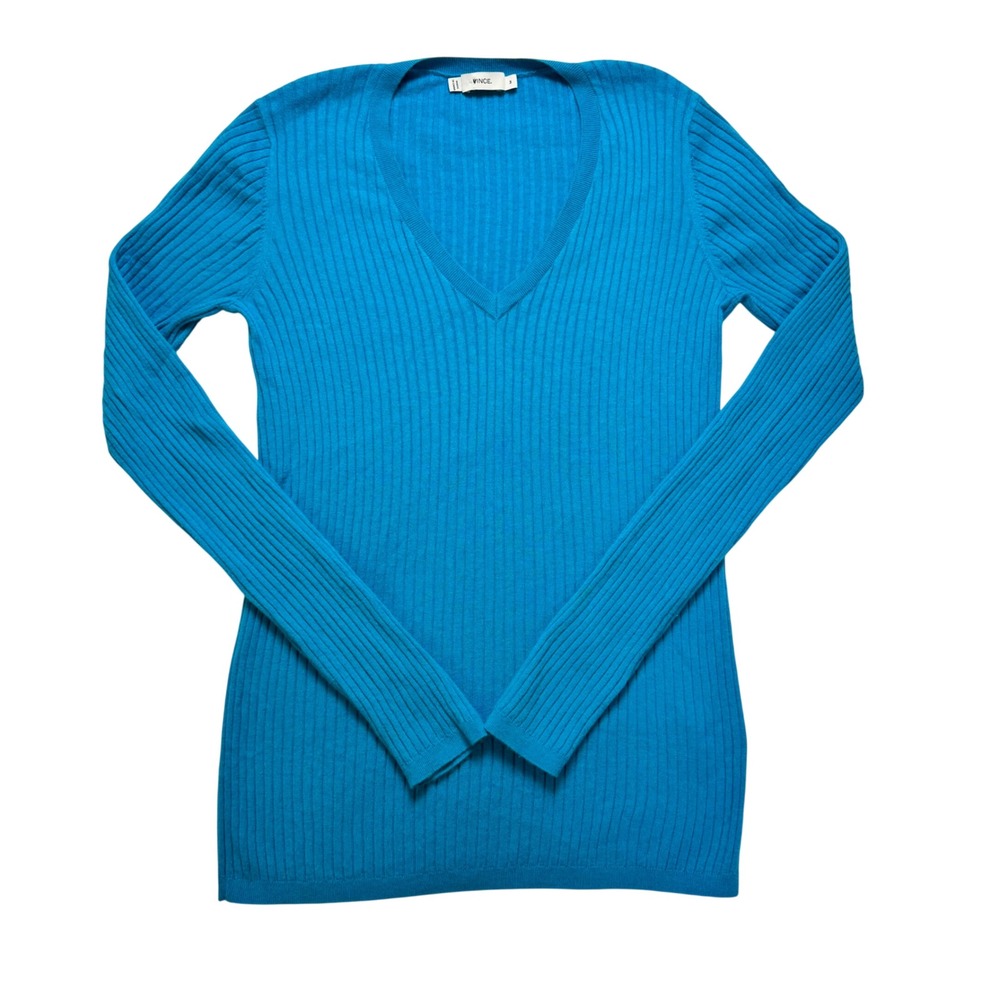 VINCE‎ Womens Turquoise Blue Ribbed V-Neck Long Sleeve Knit Sweater Size M
